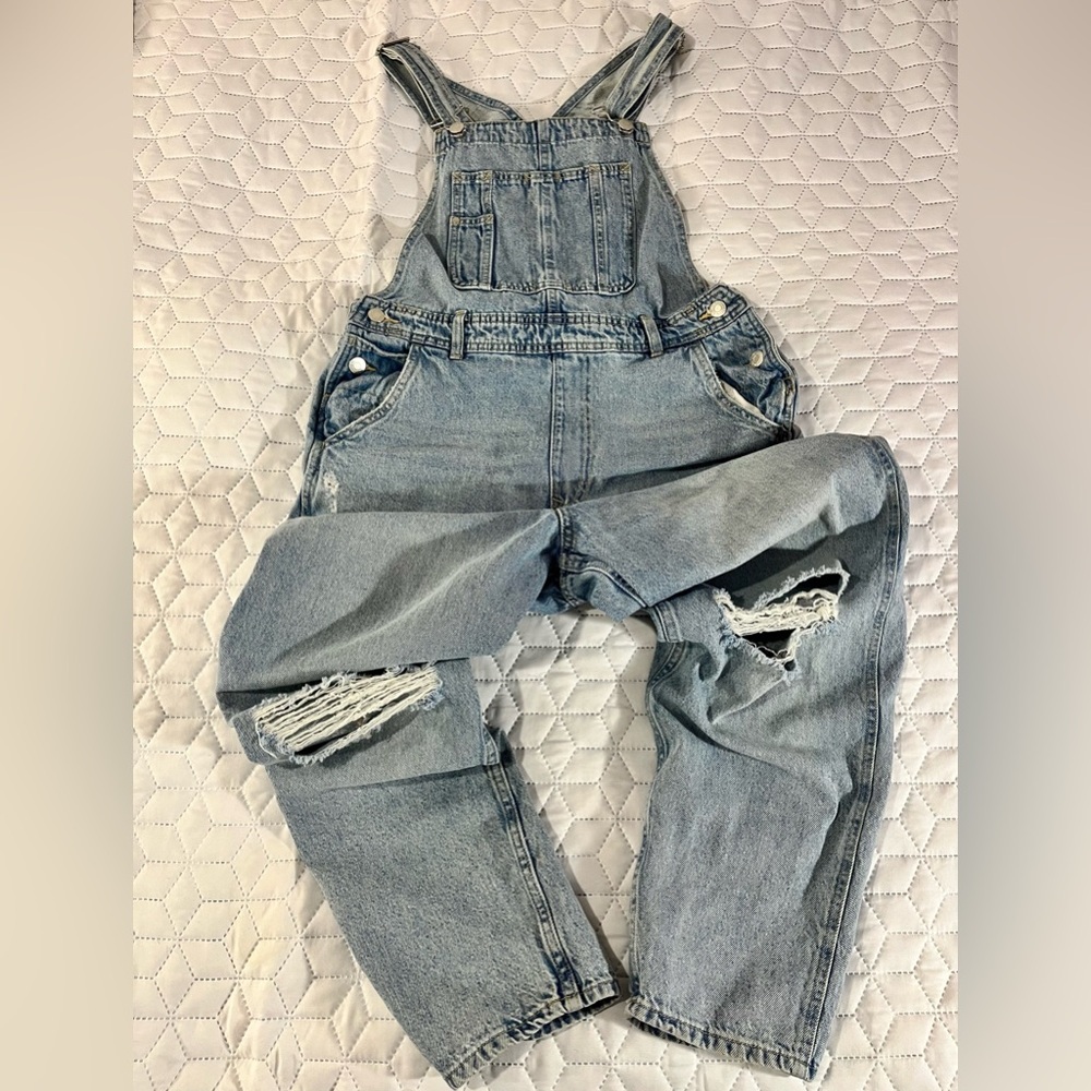 H&M &Denim Distressed Denim Overalls Medium Blue Wash Women's Size M